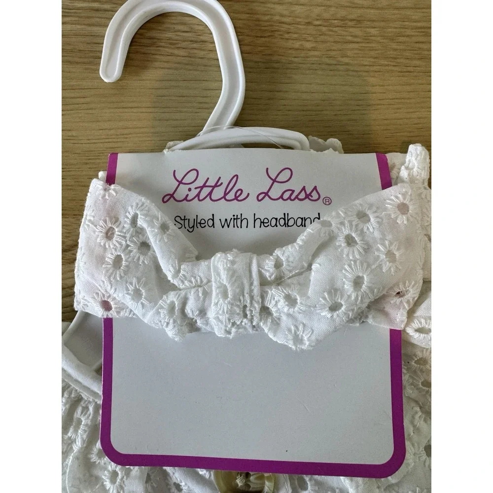NWT Little Lass Baby Girl White Eyelet Dress Bloomer Headband 0-3M 3PC